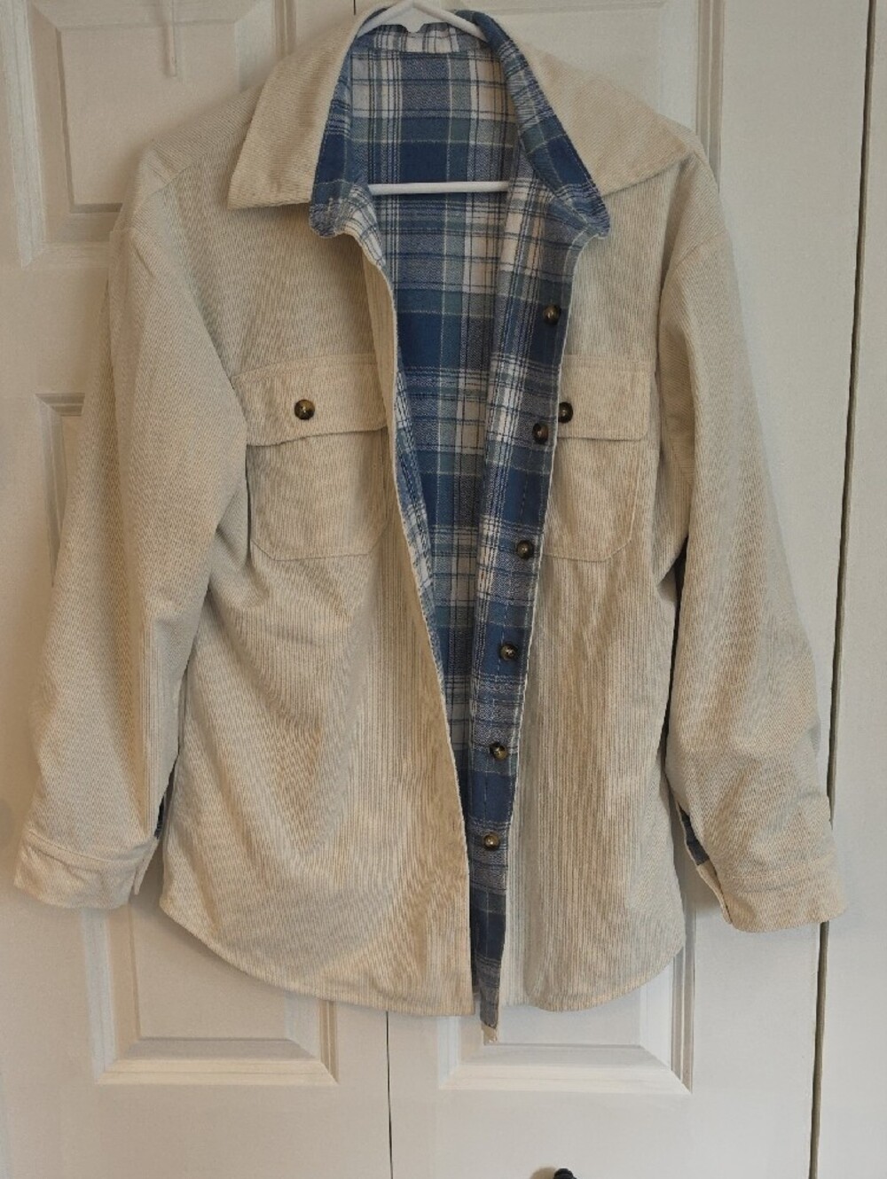 Mello Reversible Blue and White Plaid Utility Jacket with Cream Collar/Cream - Picture 5 of 6